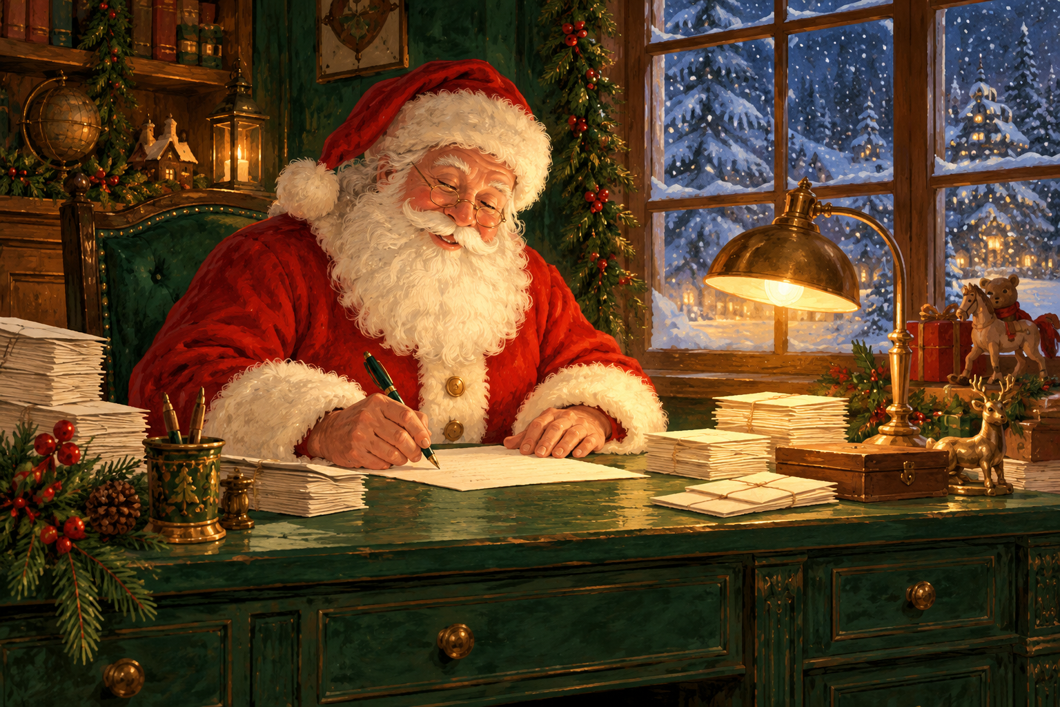 Santa writing letters at his cozy North Pole desk